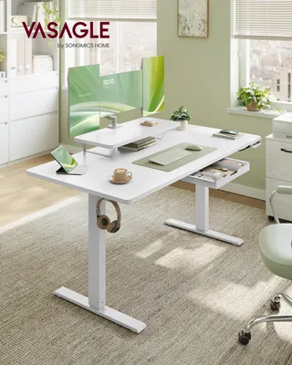 Produktbild von Steh-Sitz-Schreibtisch - Höhenverstellbarer Bürotisch - Flexibler Monitorhalter - Schublade - Sitzzeit-Erinnerung - Hellgrau