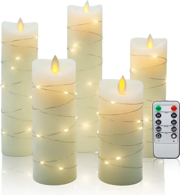 Image de Lot de 3/5 bougies LED sans flamme avec guirlandes lumineuses, couleur : lot de 5 beiges avec guirlande lumineuse