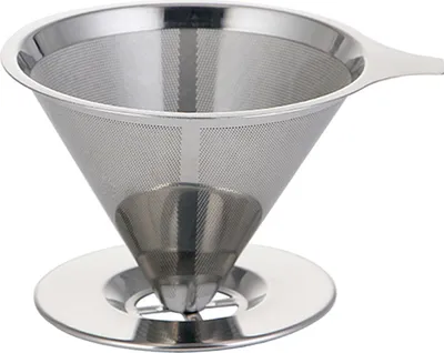 A stainless steel pour-over coffee filter on a white background.