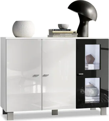 Produktbild von Vladon Sideboard Denjo,  Germany, Kommode mit 3 Türen, Weiß matt/Weiß Hochglanz/Schwarz Hochglanz, inkl. LED-Beleuchtung (107 x 81 x 35 cm)