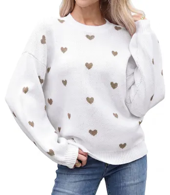 Produktbild von Damen Strickpullover Herzmuster Rundhals Langarm, Weiß (Aprikosen), S