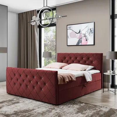 Produktbild von Boxspringbett Doppelbett MONAKO  - 180x200cm Bett mit Bonellmatratze, mit Bettkasten f r Bettw sche und Topper. Gepolstertes Kopfteil und Fussteil mit einer eleganten Steppung verziert (Rotwein)