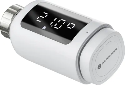 A white smart thermostat head with a digital display showing '21.00' and a small house icon.