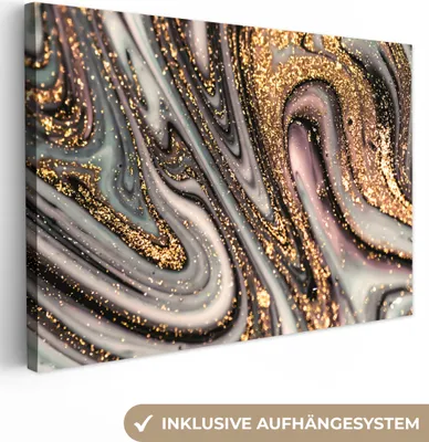 Produktbild von MuchoWow® - Leinwandbilder - Marmoroptik - Gold - Glitter - Luxus - Marmor - Weiß, Wandbild, Wanddeko Bilder Wohnzimmer, 90x60 cm