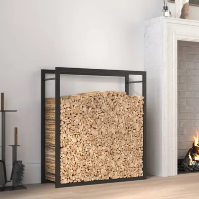 Image de The Living Store Étagère à bois de chauffage noir mat 80x28x86 cm Acier