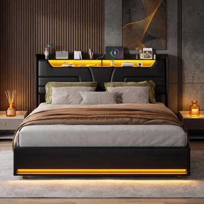 Image de INONEFT, lit rembourré 160x200 cm avec espace de rangement, lit pour adolescents/lit double avec fonction de charge USB et éclairage LED, lit avec système de levage hydraulique et sommier à lattes, revêtement en PU, couleur noire