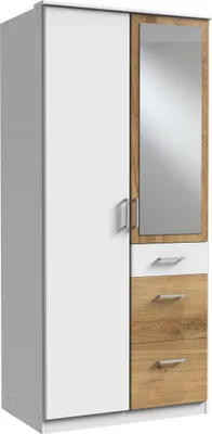 Produktbild von Kleiderschrank "Click" aus Spanplatte in Weiß mit 3 Schubladen und 2 Türen. Abmessungen (B/H/T) 90x198x58 cm