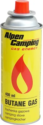 A yellow gas canister with red and black text and a red flame graphic.
