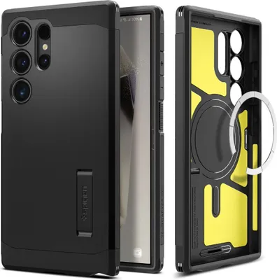 A black phone case with a kickstand and MagSafe compatibility, shown from multiple angles.