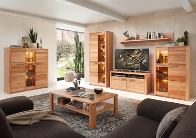 Produktbild von Wohnzimmer Set mit Highboard, Beleuchtung, Front Kernbuche massiv NEWTON-36