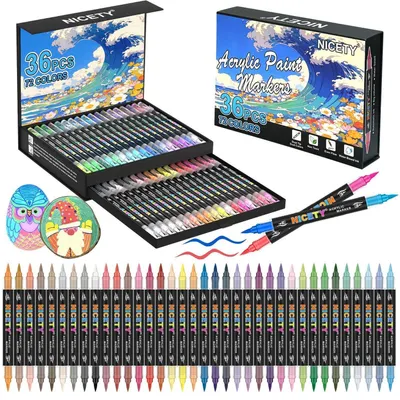 Immagine prodotto di Set di pennarelli acrilici con 72 colori, punta doppia, impermeabili, adatti per decorare pietra, legno, vetro e Vetroceramica. Contiene 36 pennarelli