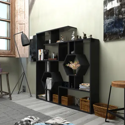 Zdjęcie produktu dla Skye Decor, Tamara - Black, regał na książki, czarny, 100% MELAMINE COATED SLIPBOARD, 134 x 22 x 134 cm