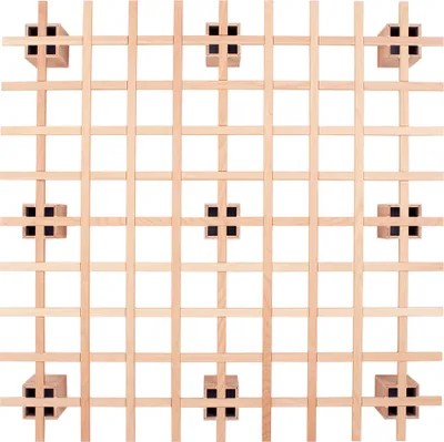 A grid-like structure of wooden pieces with square cutouts, arranged in a symmetrical pattern against a white background.