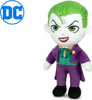 A plush toy of the DC Comics character Joker is shown against a white background, with the DC Comics logo in the upper left corner.