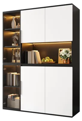 Produktbild von Hochschrank-Vitrine in Schwarz-Weiß, Glaselemente & LED, MDF., Highboard mit Stauraum für Ess- & Wohnzimmer.
