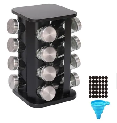 Image de Étagère rotative pour épices, en acier inoxydable, noire, pour plan de travail, capacité de 16 pots