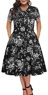 Immagine prodotto di Abito vintage da donna, taglie forti, con colletto a papillon, casual, adatto per l'ufficio e il tempo libero, lunghezza al ginocchio