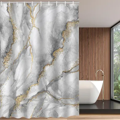 Productafbeelding van Douchegordijn, 180 x 180 cm, met marmerlook, verzwaard voetstuk, schimmelwerend, waterafstotend en wasbaar polyesterweefsel, met 12 ringen en oogjes, geschikt voor badkamer en bad