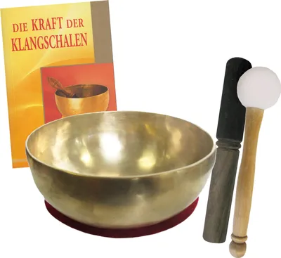 Produktbild von Therapie KLANGSCHALE 800-900g + BUCH. 5-tlg Klangmassage SET. UNIVERSALSCHALE Handarbeit NEPAL. 2 x Klöppel + ZUBEHÖR.