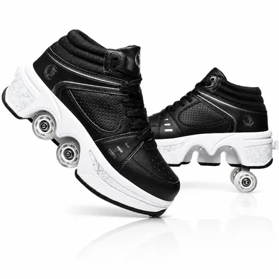 Produktbild von Rollschuhe Schuhe mit einziehbaren Rollen Größe 37 – Sneaker mit Rollen für Kinder & Jugendliche, Schwarz/Silber, Skate Shoes für Mädchen und Jungs