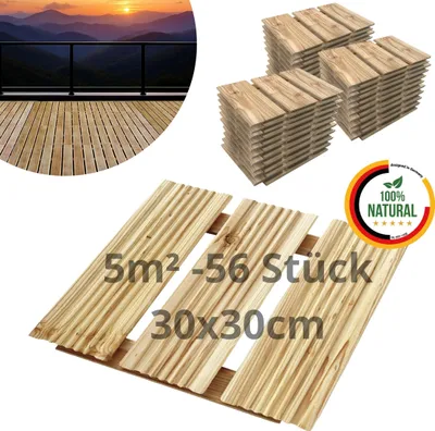 A collage of images showing wooden deck tiles, a balcony view, and product specifications.