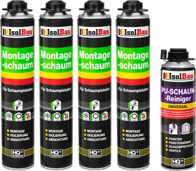 Produktbild von Isolbau Bauschaum-Set - Inkl. 4x 1K Montageschaum Pistolenschaum (je 750 ml), 1xPU-Schaum-Reiniger (500 ml)