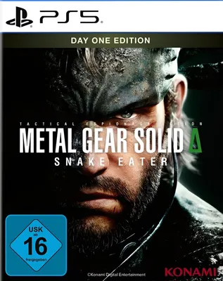 The image is a product shot of the Metal Gear Solid Delta - Snake Eater (Day One Edition) PS5 game case, featuring a close-up of the character Solid Snake.