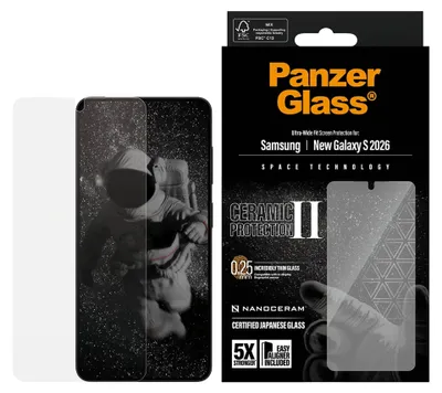 Produktbild von PanzerGlass ® Ceramic Displayschutz Samsung Galaxy S26 | Ultra-Wide Fit m. EasyAligner, Samsung, Samsung - Galaxy S26, Trockene Anwendung, Kratzresistent, Schockresistent, Transparent, 1 Stück(e)