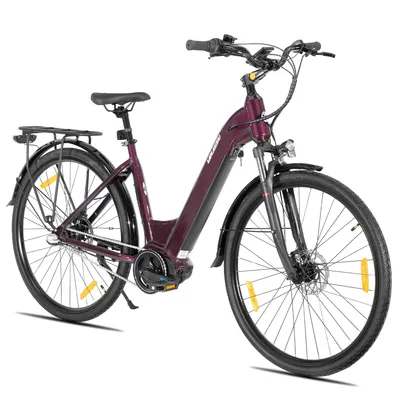 Image de Vélo électrique urbain Hiland 28 pouces pour adultes, cadre en aluminium léger, 3 vitesses, freins à disque hydrauliques, moteur sans balais de 250 W, batterie 36 V 10,4 Ah