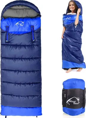 Produktbild von Outdoorový kempingový spací pytel - lehký, kompaktní, nepromokavý, teplý pro 3-4 roční období, spací pytel pro kempování, turistiku a horolezectví, modrý, pravý zip