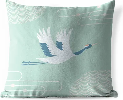 Produktbild von MuchoWow® Outdoor Kissen - Illustration eines chinesischen Kranichs vor einem blauen Hintergrund - 50x50 cm - Wetterfest - Lounge Kissen - Komfortabel - Kissen mit Bild