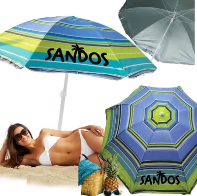 Produktbild von Gestreifter Strandschirm 160 cm Durchmesser, UV-Schutz, wasserdicht, höhenverstellbar, Kippfunktion, doppellagig