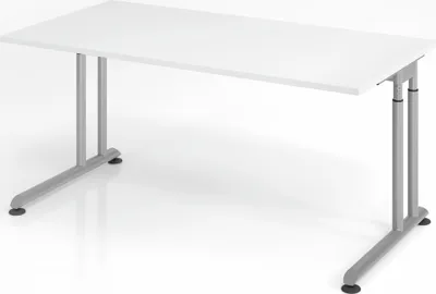 Produktbild von Schreibtisch Nilo | Weiß | Silber Gestell | BxT 160x80cm | Arbeitshöhe 68-82cm | höhenjustierbar, 1cm Raster | C-Fuß-Gestell | Rechteckform