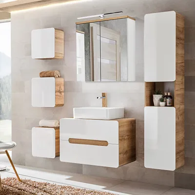 Produktbild von Badezimmer Komplett-Set Hochglanz weiß, Wotan Eiche Nb. LUTON-56 Keramik-Waschtisch, LED-Spiegelschrank B/H/T ca. 180/200/46 cm