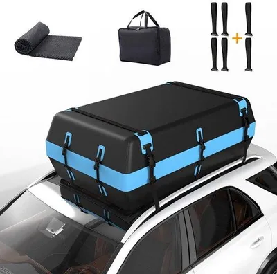 Image de Unyqoos® : Coffre de toit pliable et étanche pour voitures – capacité extra large de 591 litres, 8 sangles réglables et tapis antidérapant, montage universel