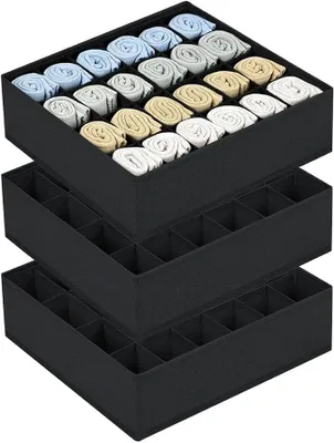 Produktbild von PolkaHome® 3er Set Socken-Organizer mit 24 Fächern, Schubladen-Organizer für Kleiderschrank, 32 x 31 x 10 cm, Schwarz