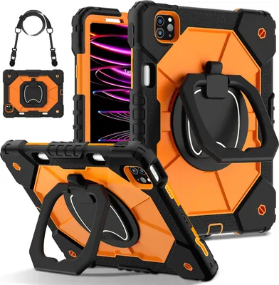 Produktbild von Hülle für iPad Air 5 /Air 4 /iPad Pro 11 2022/2021/2020/2018, iPad 10,9-Zoll Air 5th/4th Gen Robuste Tragbare Schutzhülle mit Ständer, Handgurt und Schultergurt Schwarz Orange