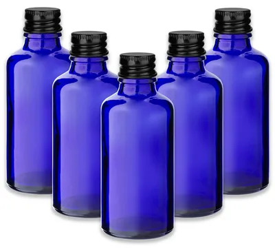 Produktbild von 5x Blaue Glasflasche 50 ml mit schwarzem Aluminium Schraubverschluss
