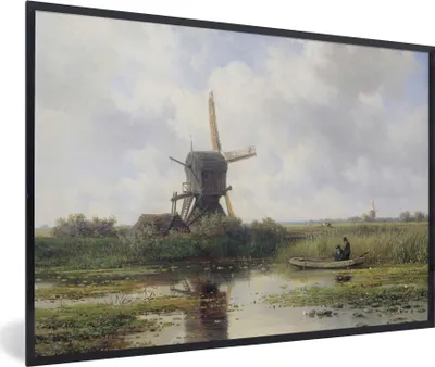 Produktbild von MuchoWow® Gerahmtes Poster Mühle - Willem Roelofs - Alte Meister - Kunst 30x20 cm - Poster mit Schwarzem Bilderrahmen Wandposter Rahmen Foto Bilder - Kunstdruck - Bild-Poster