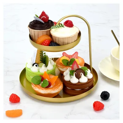 Produktbild von Dekoratives Goldtablett aus Metall, 2-stufig, stabile Schmuckschale für Ringe, Uhren, Cupcakes, Obst, Snacks, geeignet für Kommode, Bad, Küche, Partybedarf