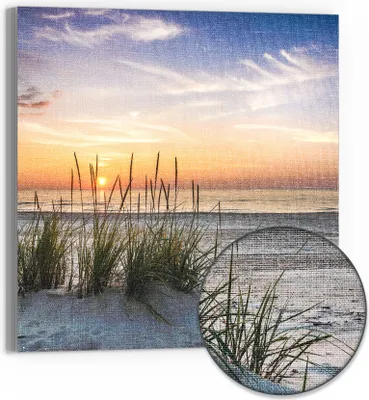 Produktbild von DEQORI Hybrid Leinwand Bild 50x50 cm 'Sonnenuntergang am Strand' Wandbild Glas flach modern