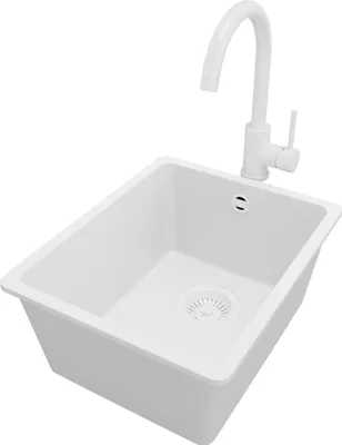 Produktbild von PRIMAGRAN Unterbauspüle Granit Alles Weiß 36x44cm, Spülbecken 1 Becken + Küchenarmatur 32x20cm + Ablauf-Set, Granitspüle ab 40er Unterschrank - Venedig Easy