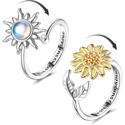 Immagine prodotto di Set da 2 anelli in argento per donna, anelli antistress a forma di girasole, anelli "fidget" per favorire la consapevolezza, con design aperto e regolabile