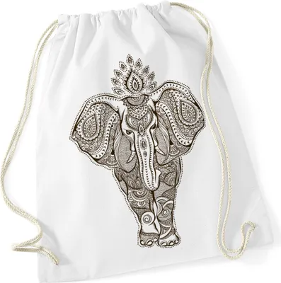Produktbild von Turnbeutel Elefant Mandala Muster Hipster Beutel Tasche Jutebeutel Elephant Gymsac weiß-dunkelbraun