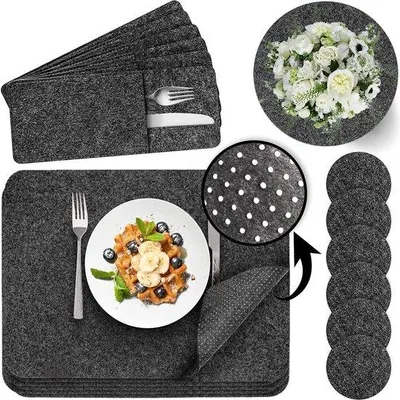 Produktbild von Unyqoos® Filz-Platzset 6er-Set – rutschfeste Tischsets 44 x 30 cm (3 mm), hitzebeständig, waschbar (Handwäsche), inkl. 6 runde Glas-Untersetzer, 6 Bestecktaschen, 1 Deko-Untersetzer