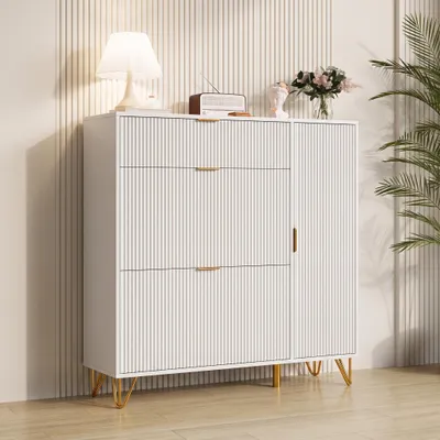 Zdjęcie produktu dla INONEFT Wąska szafka na buty z 2 drzwiczkami i półką, komoda na buty z regulowanymi półkami, przeznaczona na 10-20 par butów, wymiary: 110x24x118.5 cm, kolor: biały