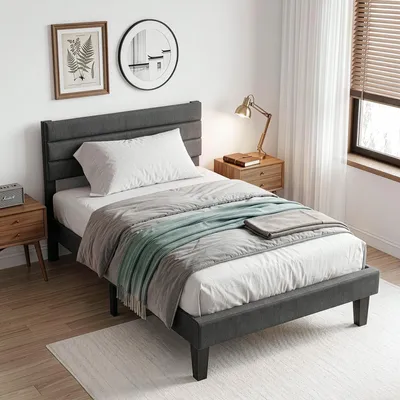Image de Cadre de lit rembourré FCH, 90 x 200 cm, lit simple, appuie-tête réglable en 3 positions, imitation lin, bois d'hévéa, capacité de charge, sans matelas, gris foncé