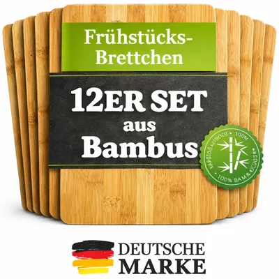 Produktbild von 12er Set Bambus Frühstücksbrettchen Brettchen Schneidebrett Holz Frühstücksbrett