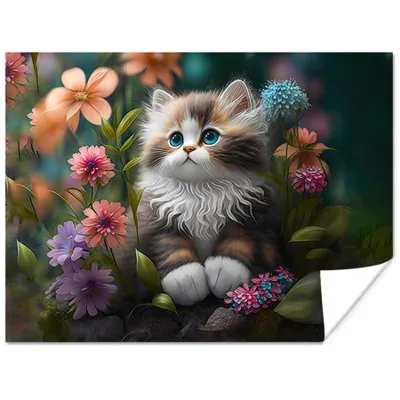 Produktbild von MuchoWow® Poster Kätzchen - Illustration - Blumen - Natur - Katze 160x120 cm - Foto Plakat