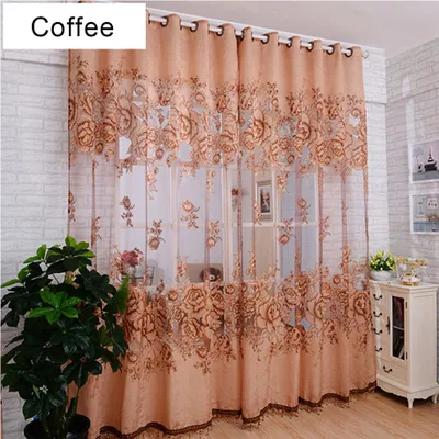 Produktbild von 1Pc Flower Jacquard Tuell Fenster Vorhang drapieren Schlafzimmer Balkon Wohnzimmer Dekor Kaffee